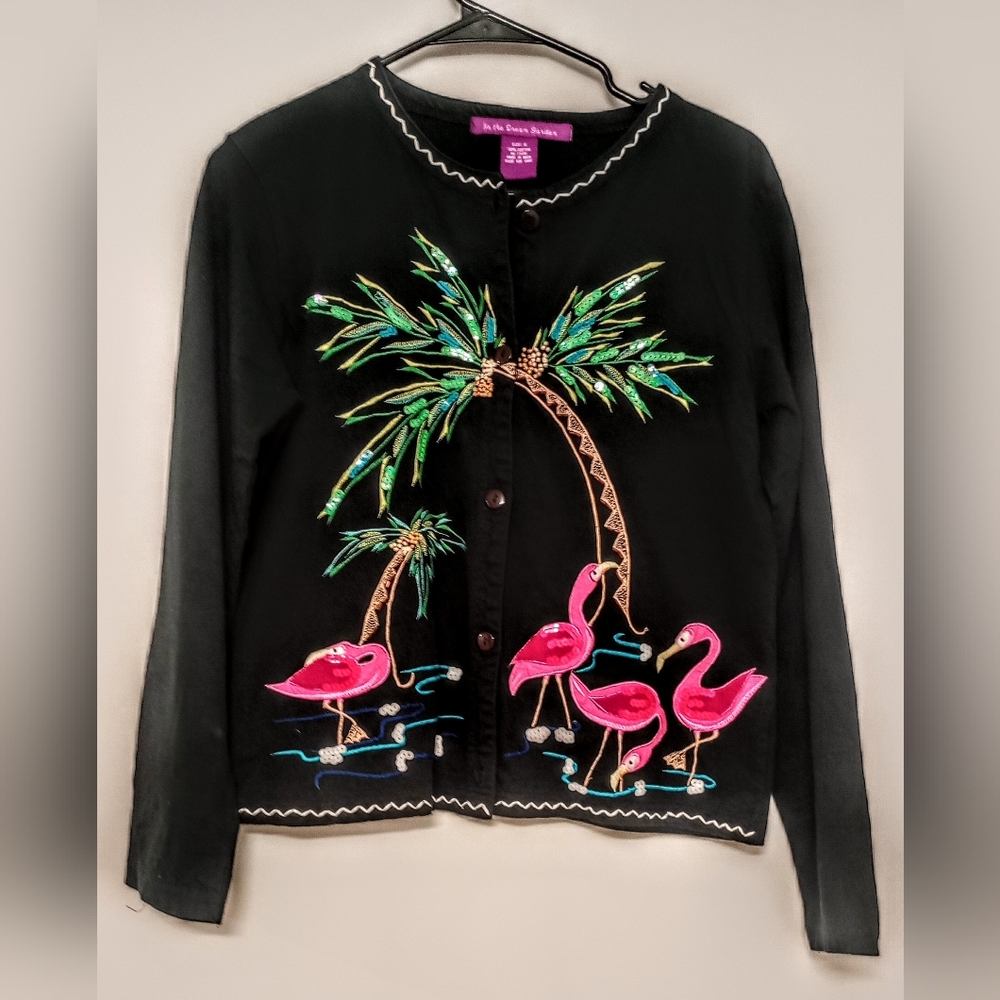 Black 100% Cotton Cardigan with Flamingo and Palm Tree Embroidery,Size S